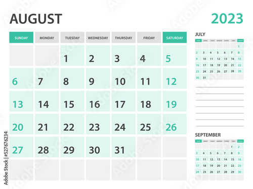 Calendar 2023 template-August 2023 year, monthly planner, Desk Calendar 2023 template, Wall calendar design, Week Start On Sunday, Stationery, printing, office organizer vector