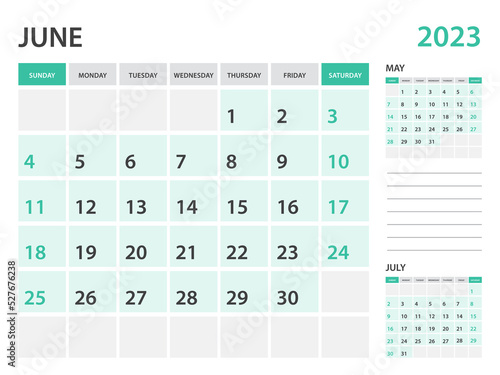 Calendar 2023 template-June 2023 year, monthly planner, Desk Calendar 2023 template, Wall calendar design, Week Start On Sunday, Stationery, printing, office organizer vector