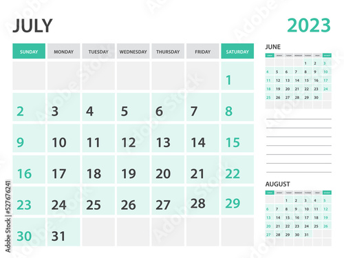 Calendar 2023 template-July 2023 year, monthly planner, Desk Calendar 2023 template, Wall calendar design, Week Start On Sunday, Stationery, printing, office organizer vector