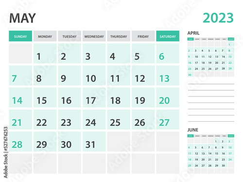 Calendar 2023 template-May 2023 year, monthly planner, Desk Calendar 2023 template, Wall calendar design, Week Start On Sunday, Stationery, printing, office organizer vector