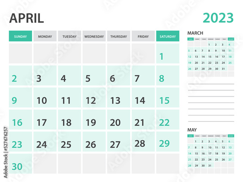 Calendar 2023 template-April 2023 year, monthly planner, Desk Calendar 2023 template, Wall calendar design, Week Start On Sunday, Stationery, printing, office organizer vector