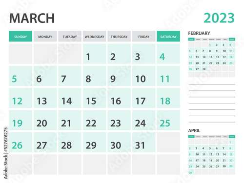 Calendar 2023 template-March 2023 year, monthly planner, Desk Calendar 2023 template, Wall calendar design, Week Start On Sunday, Stationery, printing, office organizer vector