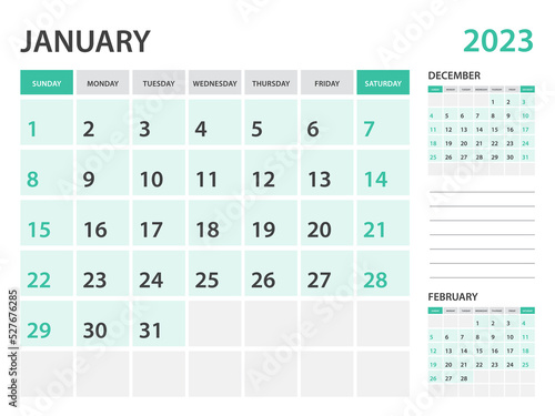 Calendar 2023 template-January 2023 year, monthly planner, Desk Calendar 2023 template, Wall calendar design, Week Start On Sunday, Stationery, printing, office organizer vector