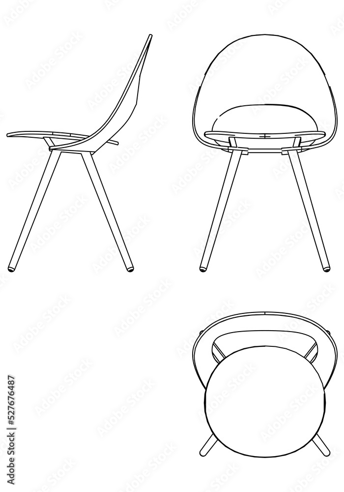 Chair isolated lines on white background, vector illustration. Front, side, top view. Set of different views of modern chair Chair isolated lines on white background, vector illustration. Front, side, top view. Set of different views of modern chair