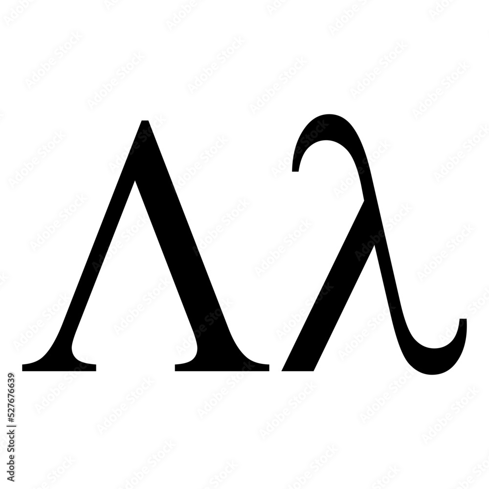 Black lambda symbol icon with name. greek alphabet letter Stock Vector