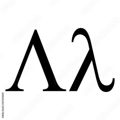 Black lambda symbol icon with name. greek alphabet letter