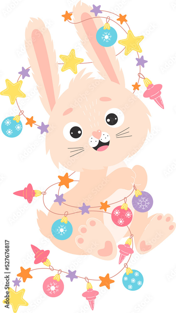 cute bunny with garland and Christmas balls. rabbit is symbol 2023 year to Chinese zodiac cute bunny with garland and Christmas balls. rabbit is symbol 2023 year to Chinese zodiac