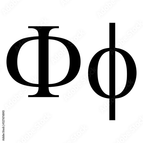 Black phi symbol icon with name. greek alphabet letter