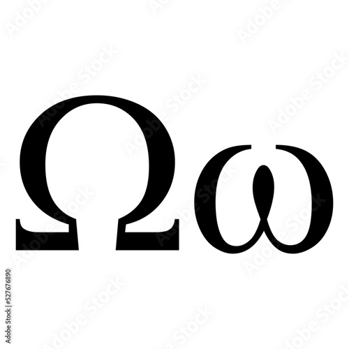 Black omega symbol icon with name. greek alphabet letter