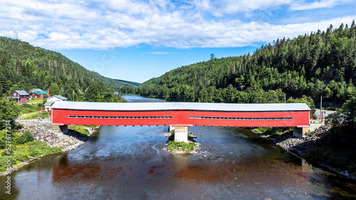 Aerial view of de Routhierville covered bridge, built in 1931 over the Matapedia River.