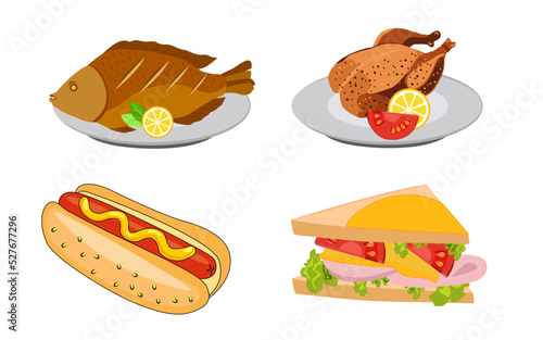 fish fry grilled chicken with fast food vector illustration art drawing design elements