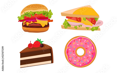burger sandwich with cake donut fast food vector illustration art drawing design elements