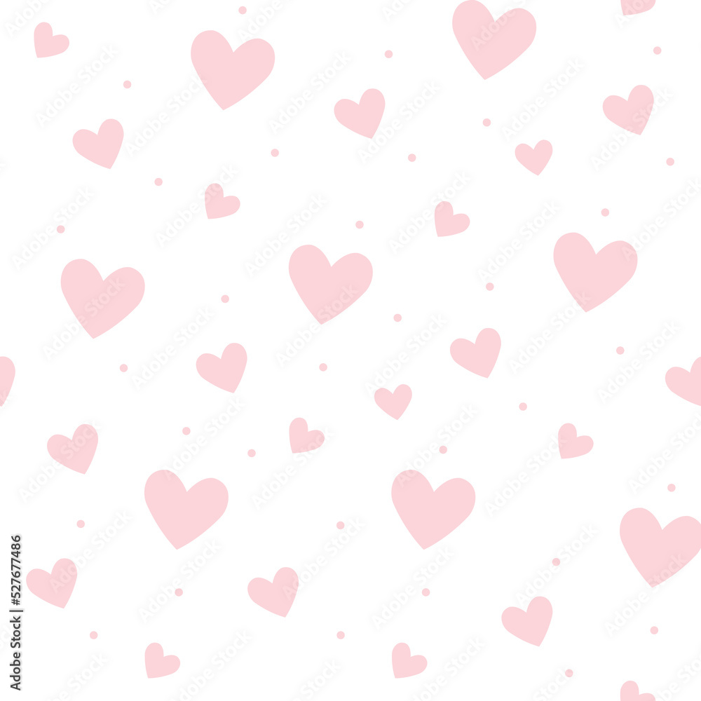 Cute seamless pink pattern with hearts and polka dot. Light hearts on white background for print.