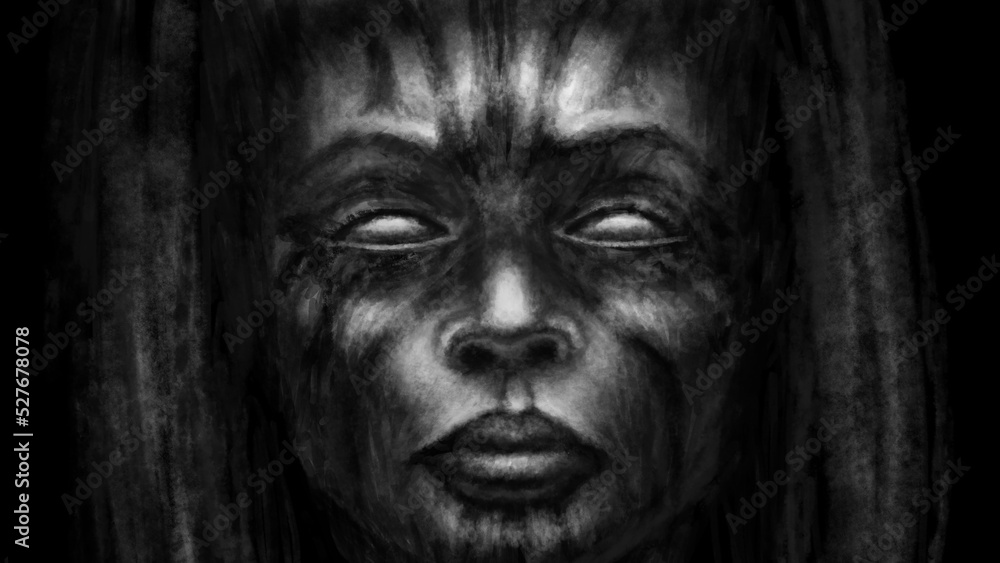 Scary witch emerge from dark and look evil eyes. Spooky demon girl illustration. Horror fantasy genre. Gloomy character from nightmare digital art. Coal and noise effect. Black and white background.