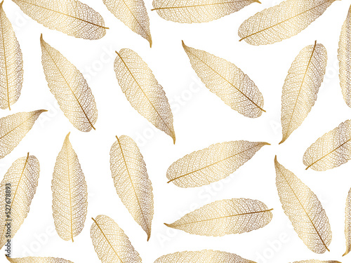 Vector illustration of gold leaves. Patterns of skeletal leaf cells, foliage branches, leaf veins for creative banner design.