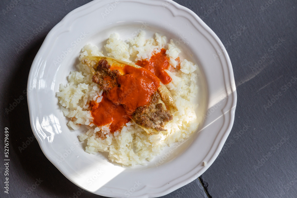 pepper filled with minced meat with tomato sauce and rice pepper filled with minced meat with tomato sauce and rice
