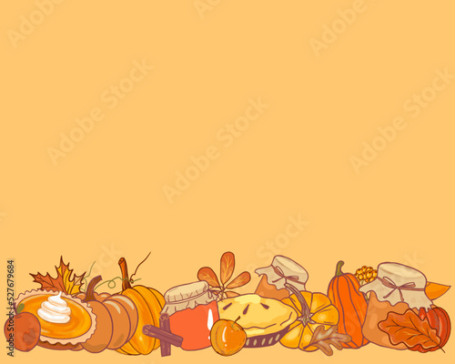 Autumn pumpkin dishes  frame for text. Pumpkin harvest and recipes for pumpkin jam and pies vector, hand drawn. Autumn recipes frame, save space