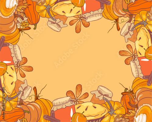 Autumn pumpkin dishes  frame for text. Pumpkin harvest and recipes for pumpkin jam and pies vector, hand drawn. Autumn recipes frame, save space