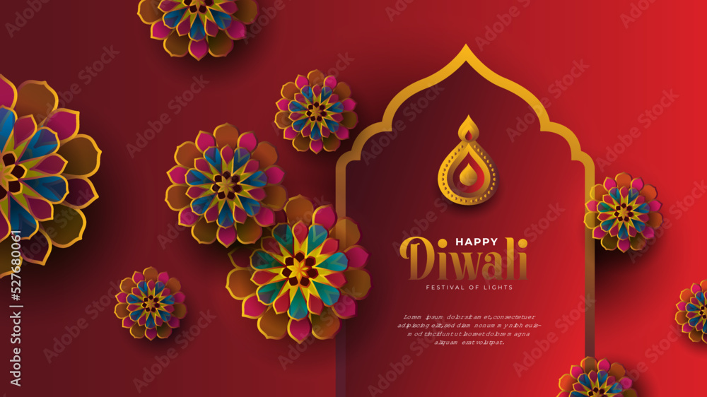 Obraz premium Happy Diwali Festival Background with Round Floral Ornament - Diwali Greeting Background Template with Floral Ornate