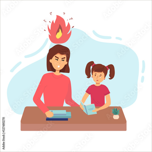 Education concept female teacher or mother feeling angry to naughty schoolboy while standing. vector flat screaming at a child