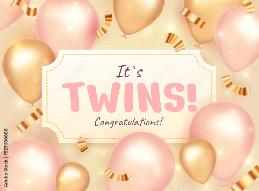 Baby shower invitation with cartoon balloon. It's twins. Vector illustration. Baby shower invitation with cartoon balloon. It's twins. Vector illustration.