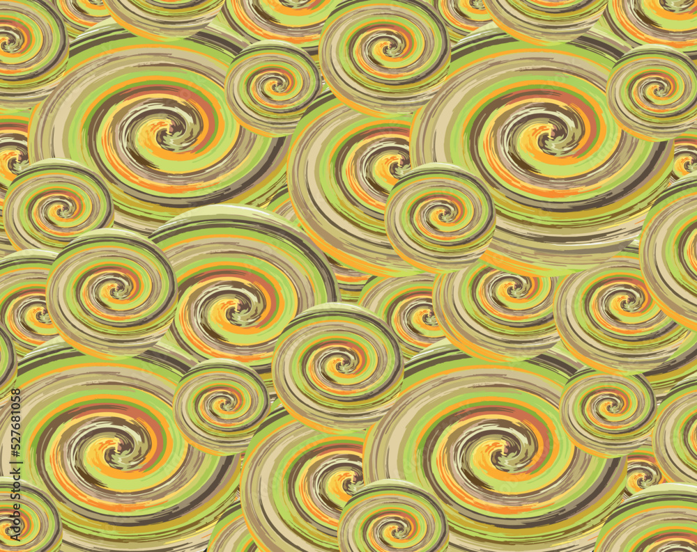 Colorful spiral background for textiles or fabrics. Vibrant swirl shapes in green-orange tonality for prints, covers, wallpaper, fashion trends, interior solutions, textures, scrapbooking, etc.