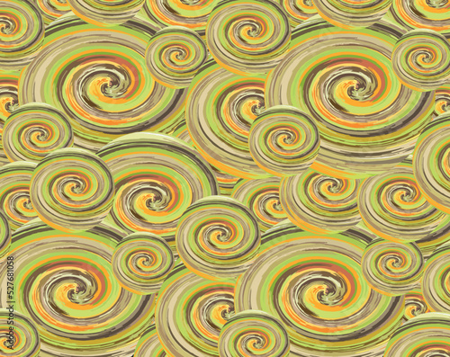 Colorful spiral background for textiles or fabrics. Vibrant swirl shapes in green-orange tonality for prints  covers  wallpaper  fashion trends  interior solutions  textures  scrapbooking  etc.