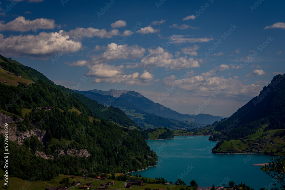 View of Lungern and its large lake, Switzerland. Canton of Bern.