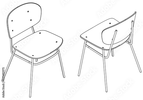 Modern chair isolated on white background. Isometric view of the chair. Simple Outline Drawing, Isolated Vector