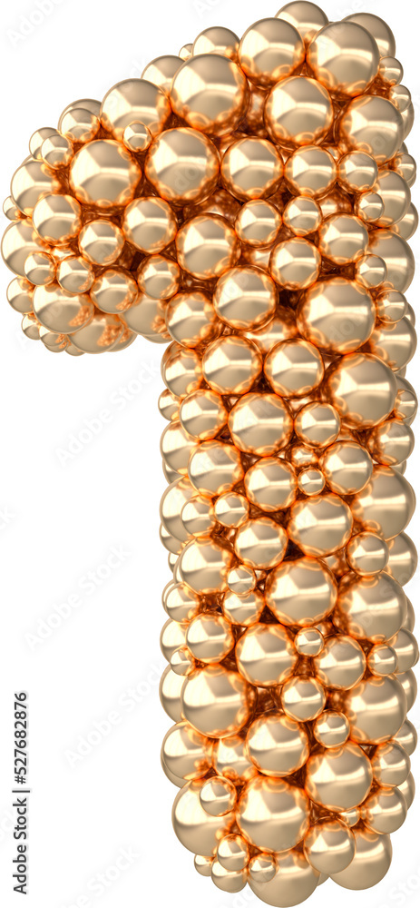 Golden 3d number 1 made of golden spheres or bubbles. Png numeral for