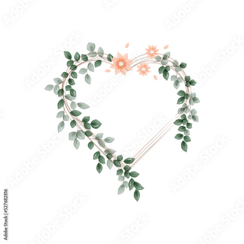 Frame - a composition of green branches and pink flowers in the form of a heart, a wedding invitation painted in watercolor.Web