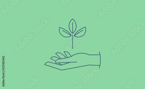 Sustainable ecologic environment concept. Hand holding plant. Linear vector illustration.