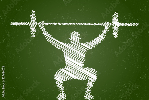 Weight lifting chalk effect vector silhouette, muscular man lifting barbell, fitness concept, muscle idea, white color isolated on chalkboard