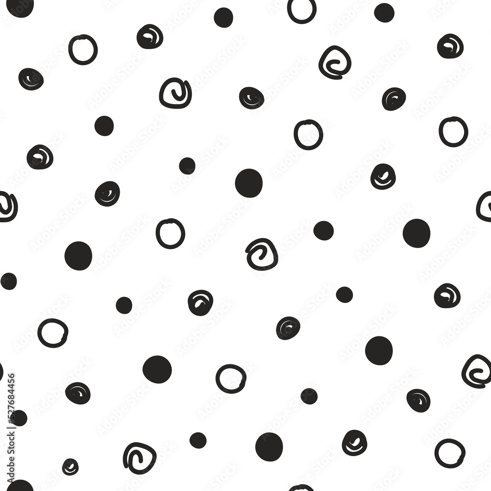 Seamless pattern with arbitrary circles, dots by hand drawing. Abstract simple monochrome print. Vector graphics.