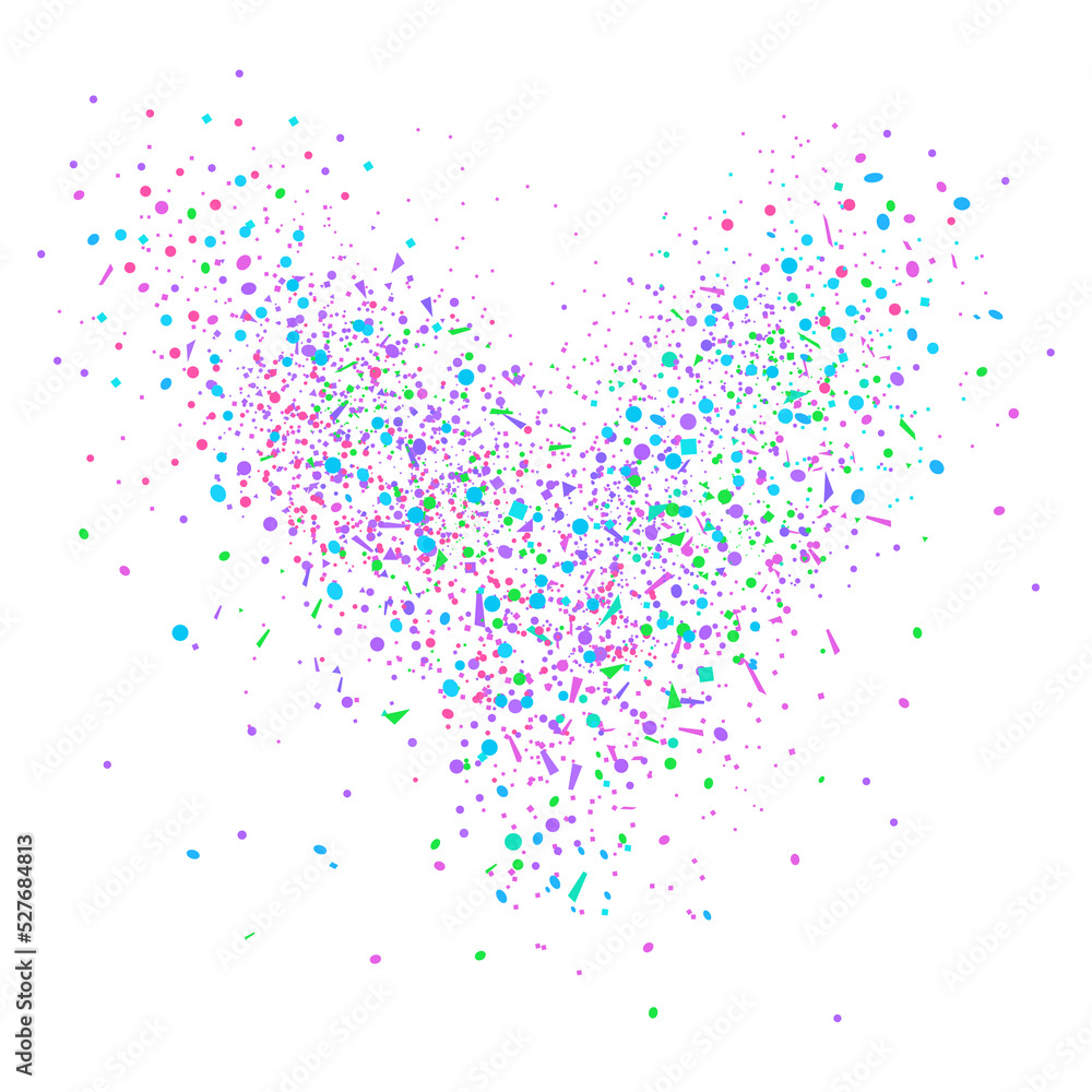 Abstract heart with confetti on isolated white. Holiday background from random geometric elements. Pattern for banners, posters and textiles. Greeting cards. Doodle for design and business