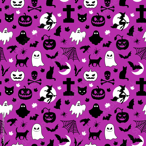 Halloween seamless pattern made up of pumpkins, bats, cats, ghosts, maple leaves, witch, grave and scull. Holiday pattern for printing on package, wrappers, envelopes, cards, clothes or accessories.