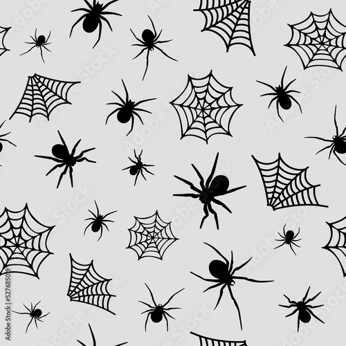 Gothic Halloween seamless pattern made up many spiders and cobweb. Ornamental paper design. Holiday endless repeating texture for printing on package, wrapper, envelopes, cards, clothes, accessories.