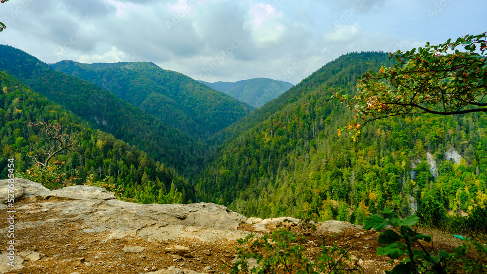 Obraz premium A view of the most beautiful mountains in a panoramic scene. View from Tomasovsky Vyhlad in Slovak Paradise National Park. A blue haze is in the air.