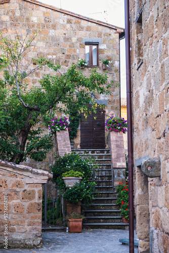 Exterior shot of spectacular ancient buildings of stones with cobblestone courtyard in the foreground and with stone stairway to entrance door decorated with plants in flower pots and climbing plants 