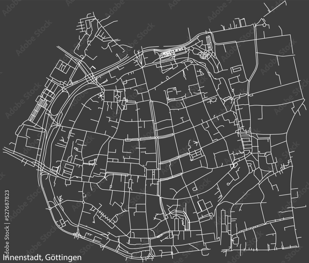 Detailed negative navigation white lines urban street roads map of the INNENSTADT DISTRICT of the German regional capital city of Göttingen, Germany on dark gray background