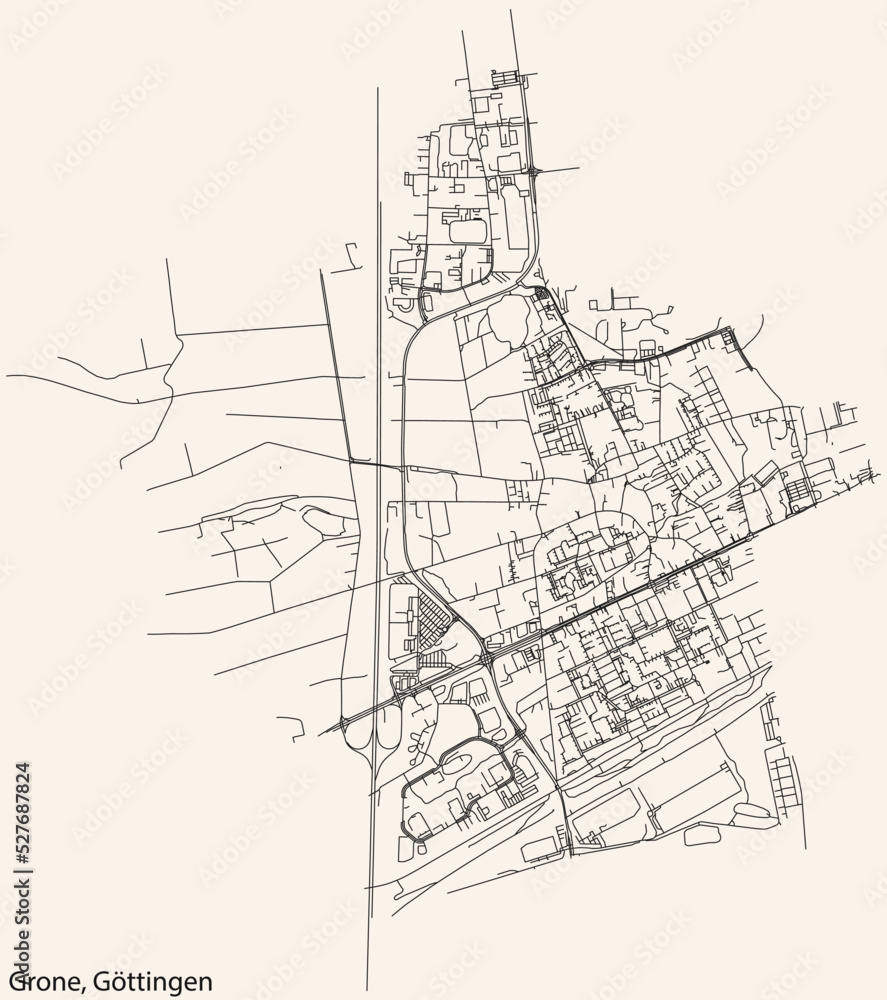 Fototapeta premium Detailed navigation black lines urban street roads map of the GRONE DISTRICT of the German regional capital city of Göttingen, Germany on vintage beige background