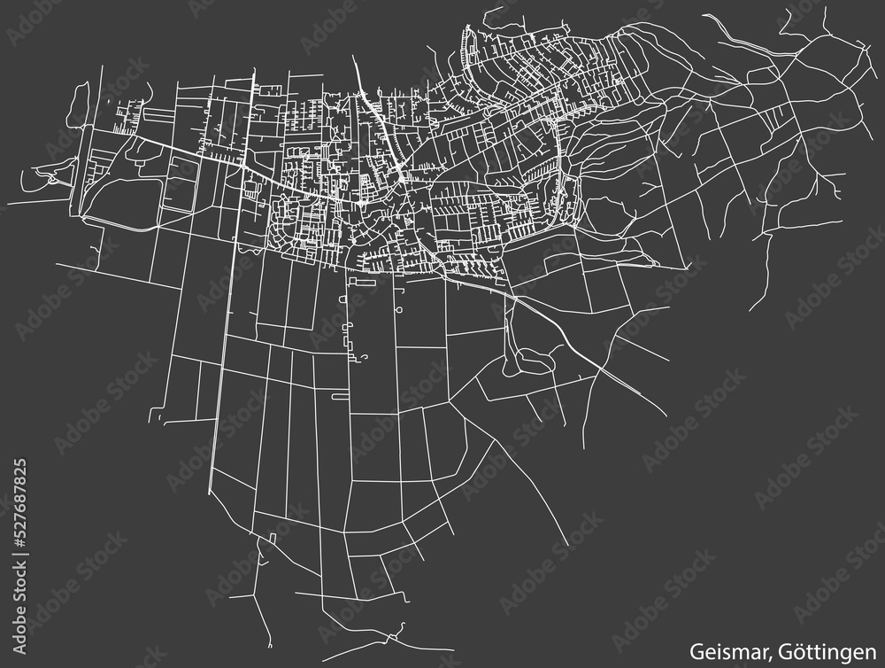 Detailed negative navigation white lines urban street roads map of the GEISMAR DISTRICT of the German regional capital city of Göttingen, Germany on dark gray background