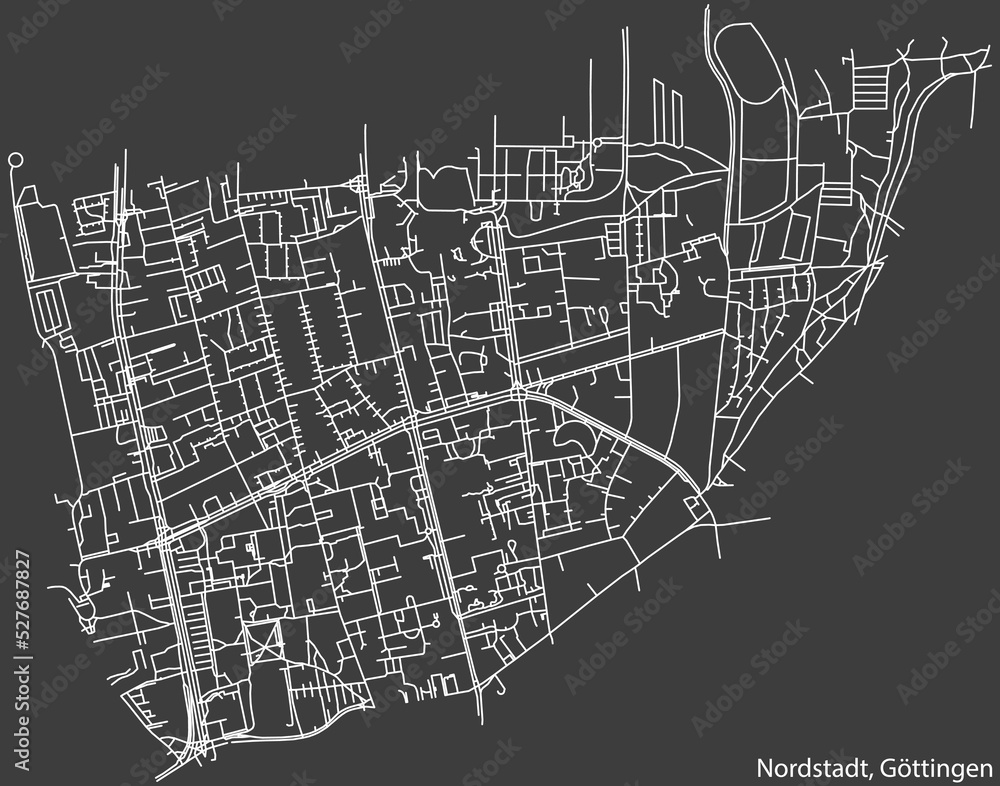 Detailed negative navigation white lines urban street roads map of the NORDSTADT DISTRICT of the German regional capital city of Göttingen, Germany on dark gray background