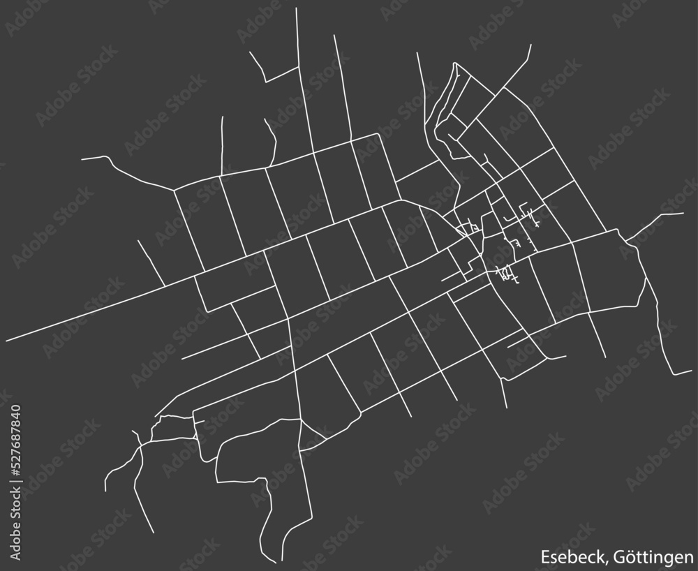 Detailed negative navigation white lines urban street roads map of the ESEBECK DISTRICT of the German regional capital city of Göttingen, Germany on dark gray background