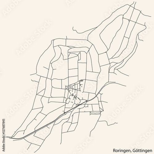Detailed navigation black lines urban street roads map of the RORINGEN DISTRICT of the German regional capital city of G  ttingen  Germany on vintage beige background