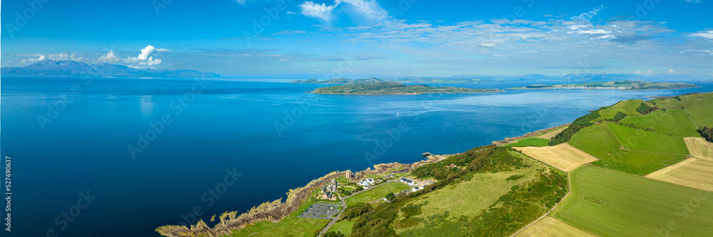 Aerial view of the firth of Clyde near Glasgow on the west coast of Scotland showing the isles of cumbrae and hunterston power station
