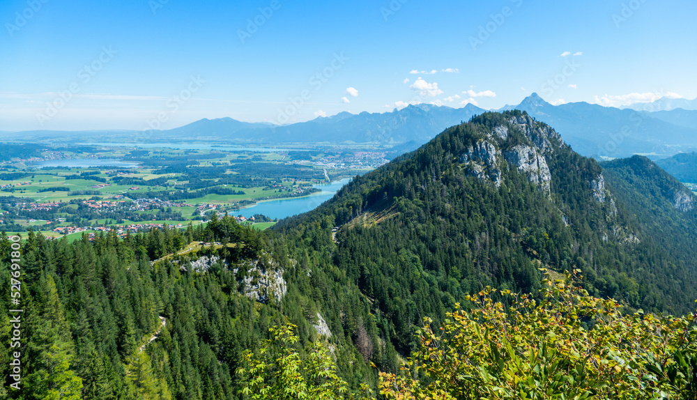 Panoramic view from castle Falkenstein during summer, close to Pfronten and Füssen, Allgäu Bavaria Germany	
