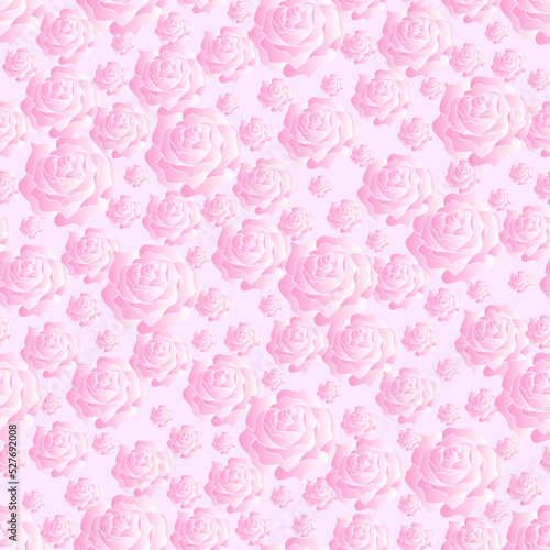 Seamless pattern with delicate pink roses on light pink background. Blossoming flower heads, monochrome colors. Romantic floral vector ornament for wedding design, gift paper print. 