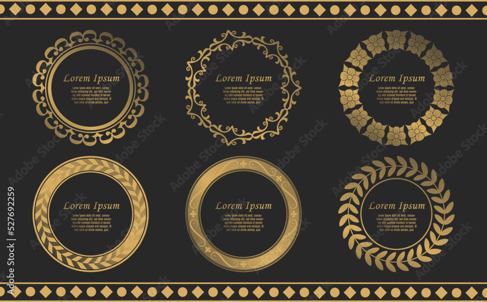 gold circle frame wreath collection. Circular baroque pattern. Round floral ornament. Vintage Frames. Greeting card. Wedding invitation. retro style