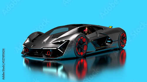 3d render super car with feflection in the center background blue color with woman photo